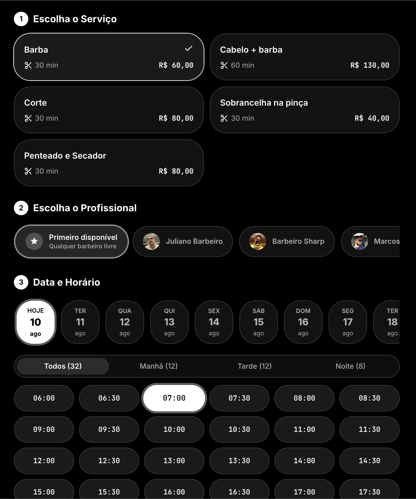 Tela pública de agendamento do AgendaSharp: o cliente escolhe serviço, profissional e horário sem instalar o app